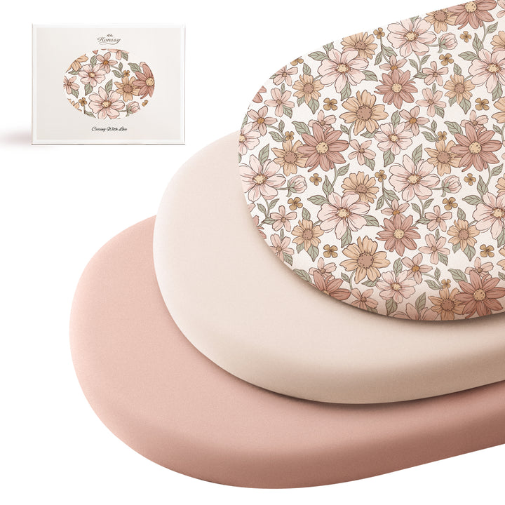 Konssy 3 Pack Stretchy Bassinet Sheets for Baby Girl Boy, Soft Breathable Baby Bassinet Mattress Sheets Fit for Hourglass Oval Cradle, Moses Basket Rectangle Mattress