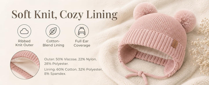 Konssy 2 Pack Baby Beanie Hat with Ear Flaps, Newborn Winter Hat 0-6 Months - product details 3