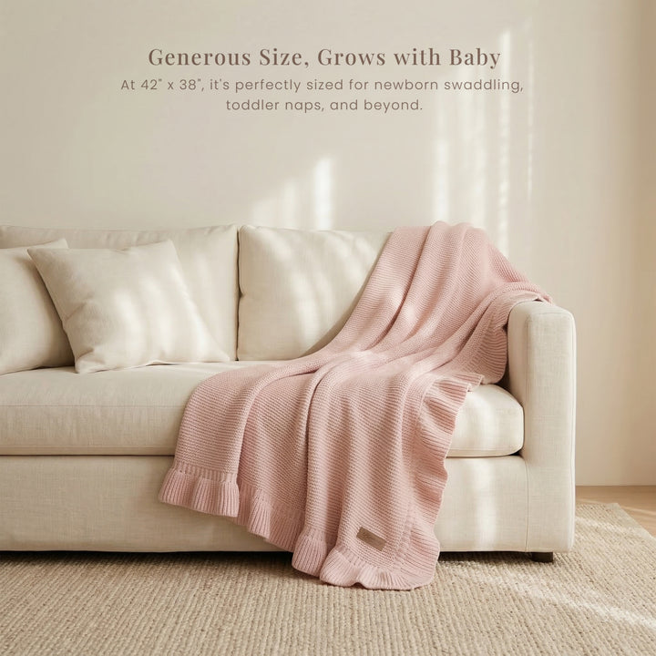 Konssy Knit Baby Blanket with Ruffle Edge, Ultra-Soft Receiving Baby Blankets for Girl