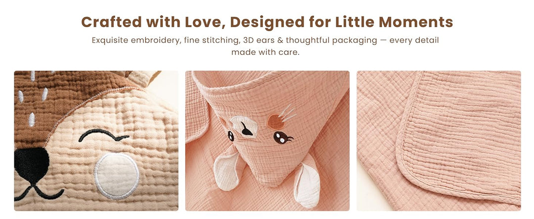 Konssy 2-Pack Muslin Baby Towels with Animal Hooded Design, 32 x 32 in - product details 10