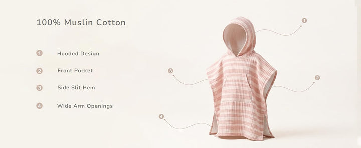 Konssy 100% Muslin Cotton Toddler Beach Towel Poncho with Hood, 24.5" x 21" - product details 3