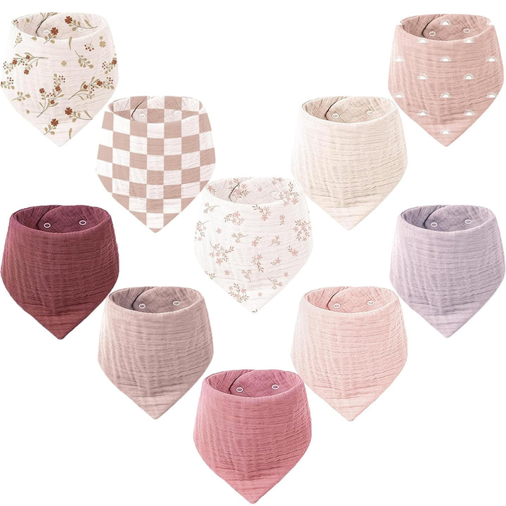 Konssy 10 Pack Baby Muslin Bandana Bibs for Drooling and Teething 100% Cotton, 6-Layer Bibs, Pre-Washed Soft & Absorbent, Adjustable Neck Fit, Boys & Girls 0-36M