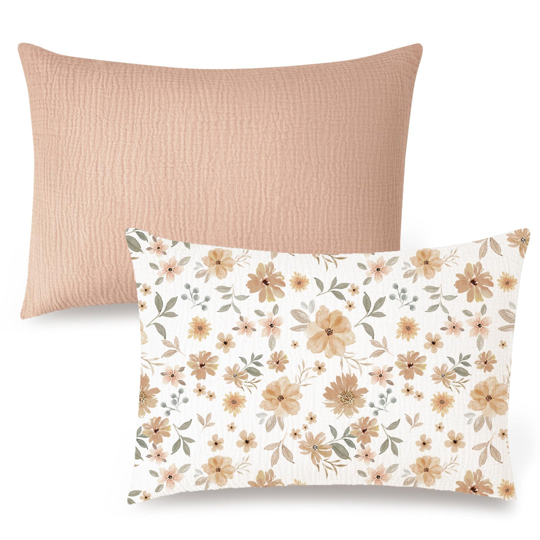 Konssy 2 Pack Muslin Toddler Pillowcases, Soft Baby Pillow Cases, 13"x18" 100% Cotton, Soft & Breathable, Envelope Closure, Floral & Solid, for Baby Boys & Girls, Naps & Travel