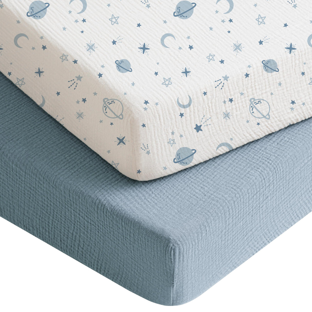 Konssy 2 Pack Muslin Crib Sheets for Baby Boys & Girls, 52" x 28" Fits Standard Crib Mattress, Premium 100% Cotton, Soft & Breathable, Neutral Design, 360° Full Elastic Fit
