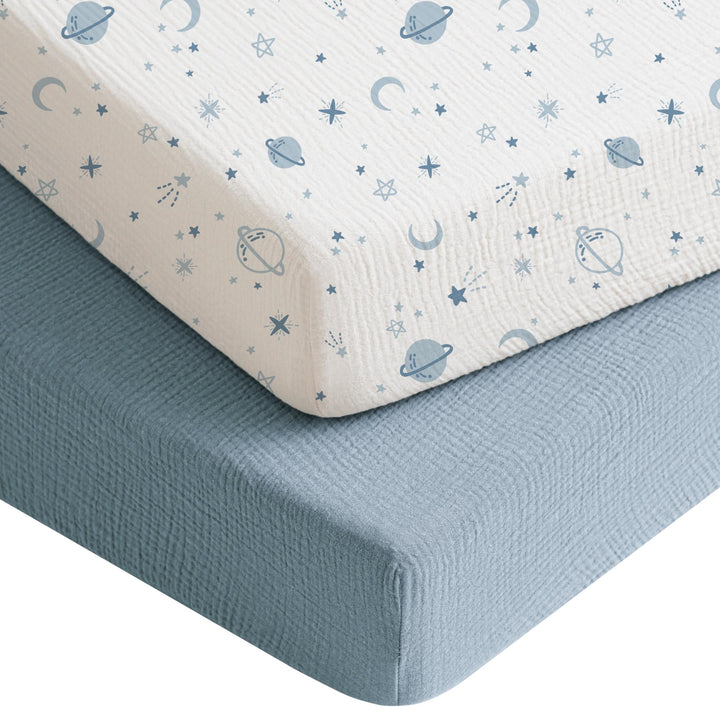 Konssy 2 Pack Muslin Crib Sheets for Baby Boys & Girls, 52" x 28" Fits Standard Crib Mattress, Premium 100% Cotton, Soft & Breathable, Neutral Design, 360° Full Elastic Fit