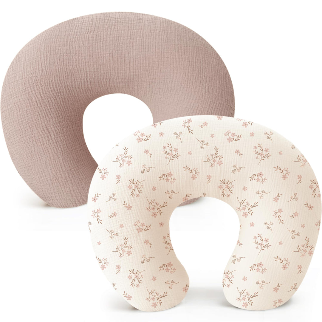 Konssy 2-Pack Muslin Nursing Pillow Covers, Floral Soft Slipcover for Baby Covers Only, 100% Cotton, Hidden Zipper, Washable, Breastfeeding Pillows Covers for Newborn Boys & Girls