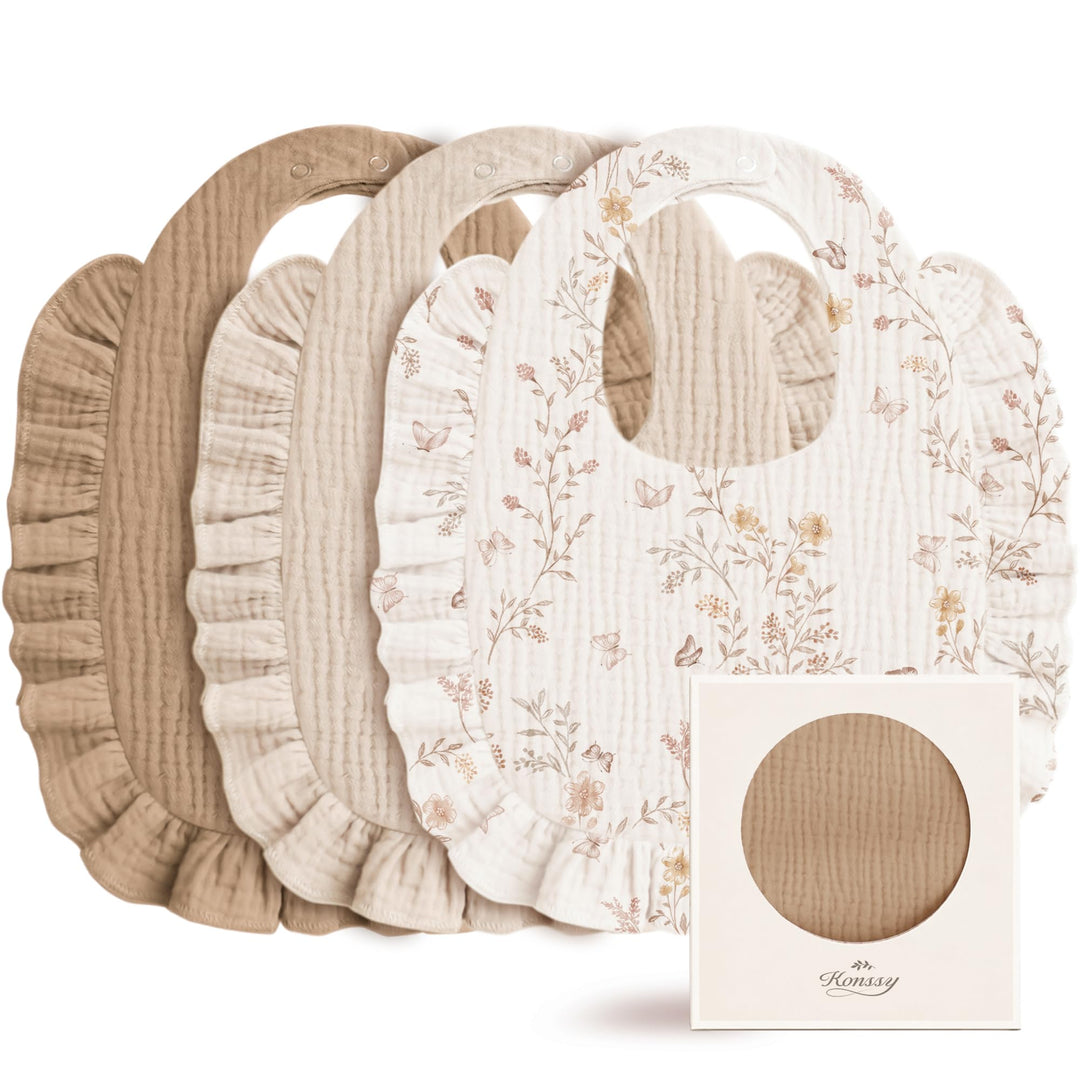Konssy 3-Pack Muslin Baby Girl Bibs, 100% Cotton with Ruffle Trim Ultra Soft & Absorbent, Baby Essentials for Drooling and Teething, for Newborn, Infant & Toddler 0-36 Months