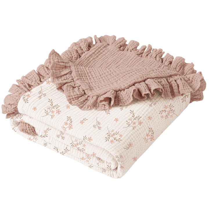 Konssy 100% Cotton Muslin Baby Blanket with Ruffle Trim for Girls, 43"x39" Reversible Design, Ultra Soft & Lightweight, for Swaddling, Crib, Stroller & Nursery Use, from Newborn to Toddler