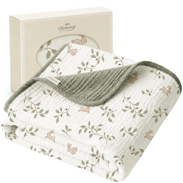 Konssy 100% Cotton Muslin Baby Blanket for Girls Boys, 40"x36" Soft & Lightweight, 4-Layer Muslin, for Receiving, Swaddling, Crib, Stroller & Nursery, Newborn to Toddler