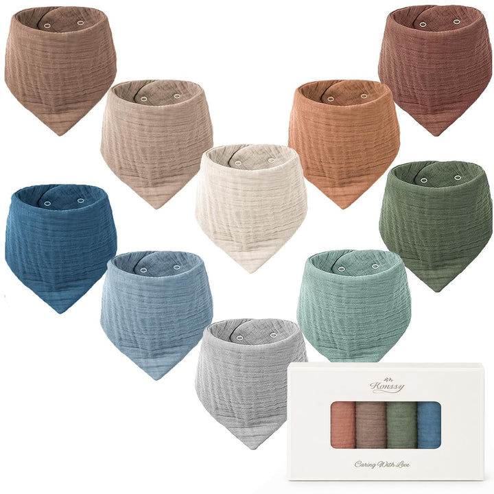 Konssy 10 Pack Baby Muslin Bandana Bibs for Drooling and Teething 100% Cotton, 6-Layer Bibs, Pre-Washed Soft & Absorbent, Adjustable Neck Fit, Boys & Girls 0-36M