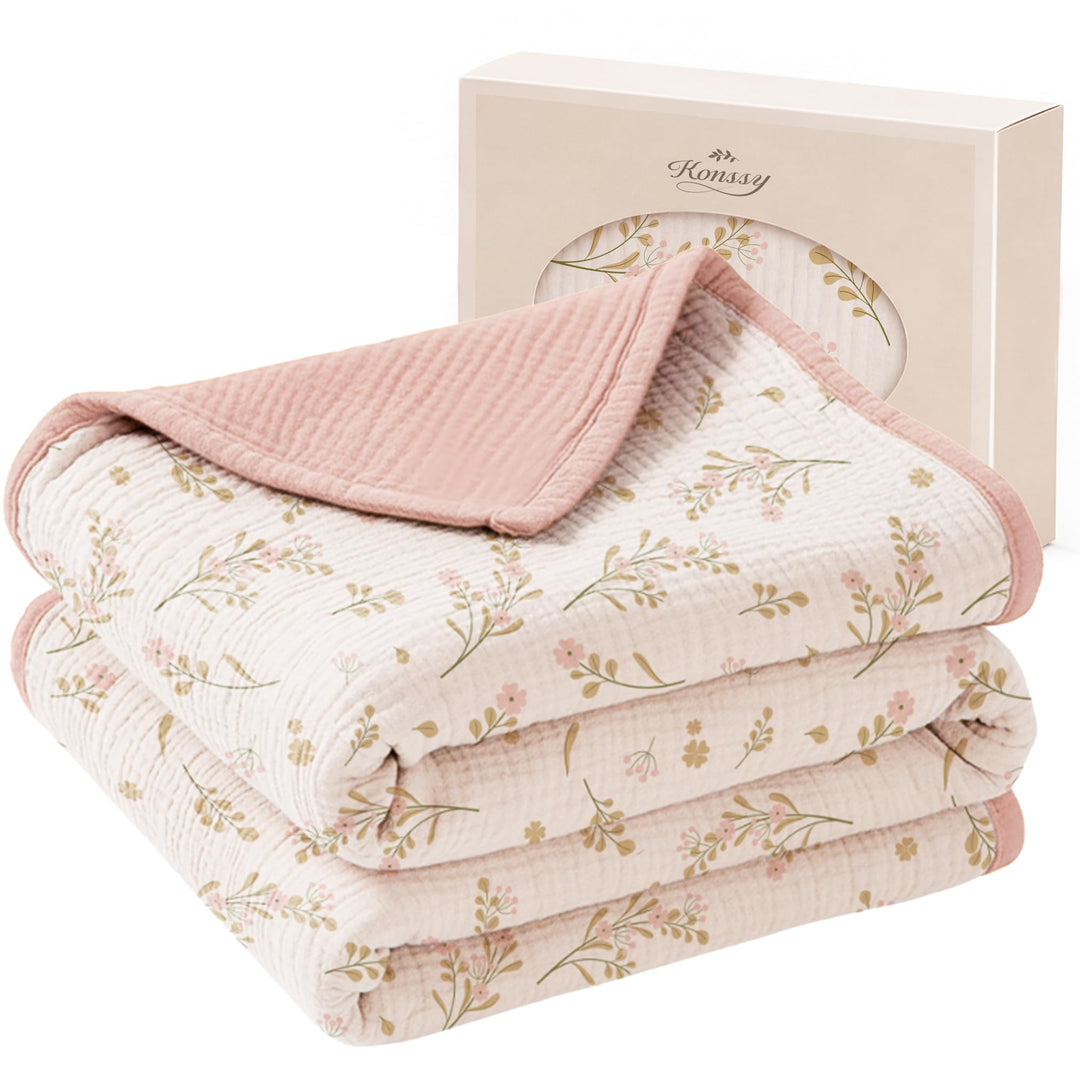 Konssy 100% Cotton Muslin Baby Blanket for Girls Boys, 40"x36" Soft & Lightweight, 4-Layer Muslin, for Receiving, Swaddling, Crib, Stroller & Nursery, Newborn to Toddler