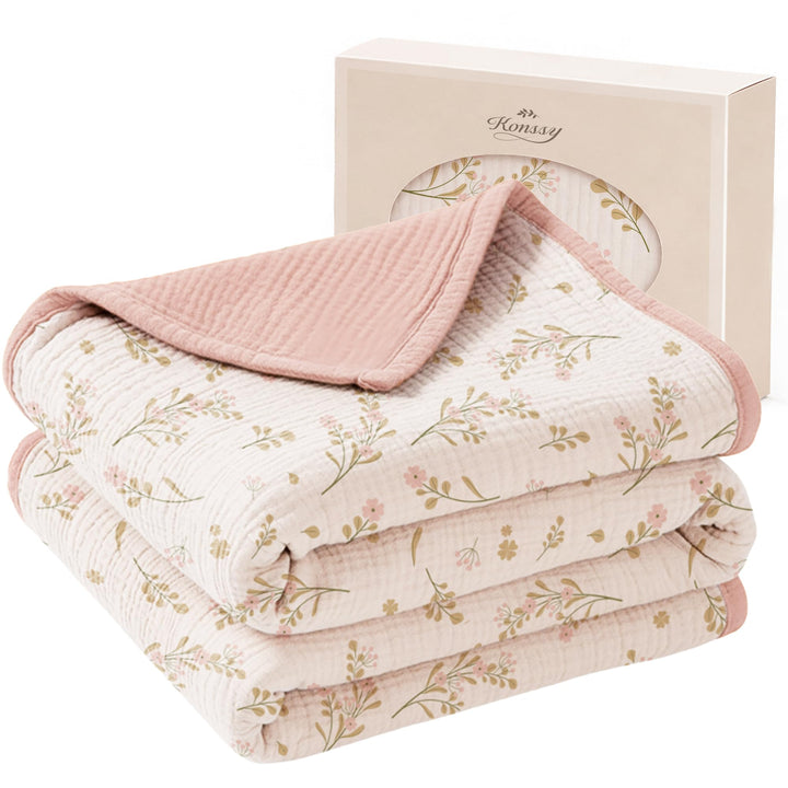 Konssy 100% Cotton Muslin Baby Blanket for Girls Boys, 40"x36" Soft & Lightweight, 4-Layer Muslin, for Receiving, Swaddling, Crib, Stroller & Nursery, Newborn to Toddler