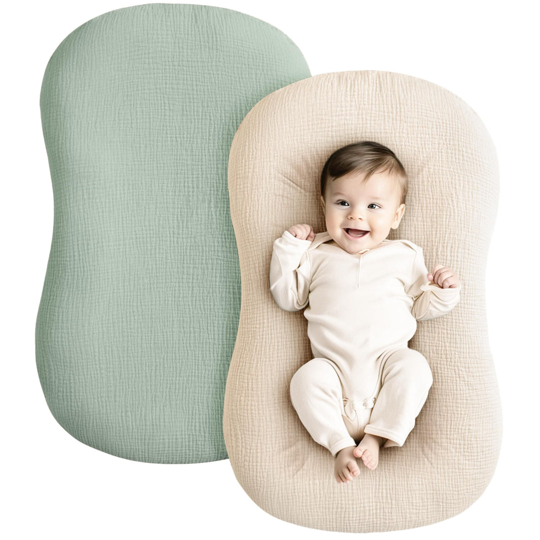Konssy 2 Pack Muslin Baby Lounger Covers, Covers Only, 30.7" x 20" 100% Cotton, Soft & Breathable, Baby Nest Slipcover, Envelope Closure, Pre-Washed for Lasting Fit