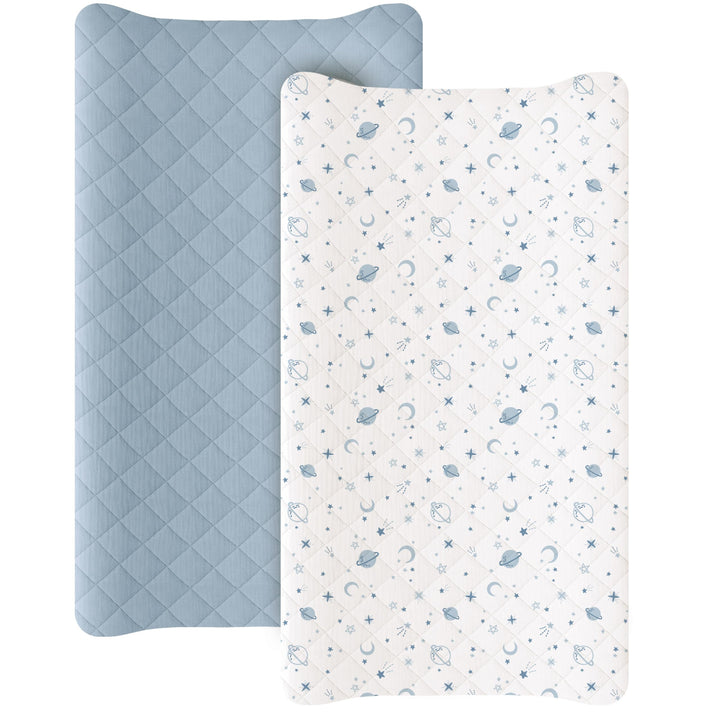 Konssy 2 Pack Quilted Muslin Changing Pad Cover, Waterproof Layer, 32"x16" 100% Cotton Surface, Absorbent & Soft, Fitted Changing Table Sheets, Full Elastic Fit, for Baby Girls & Boys