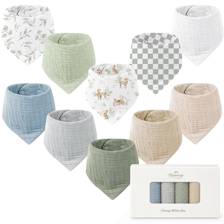 Konssy 10 Pack Baby Muslin Bandana Bibs for Drooling and Teething 100% Cotton, 6-Layer Bibs, Pre-Washed Soft & Absorbent, Adjustable Neck Fit, Boys & Girls 0-36M