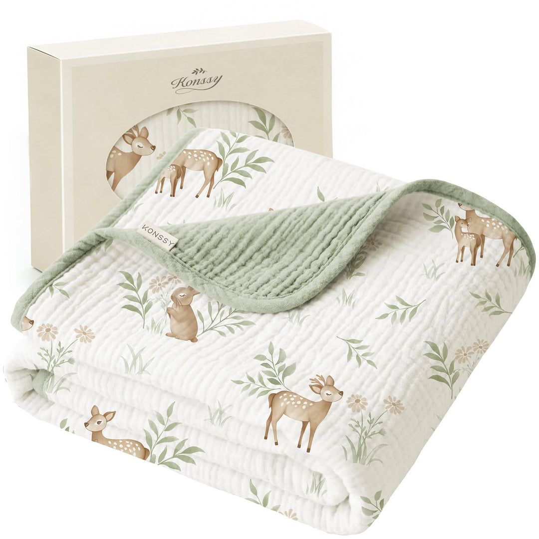 Konssy 100% Cotton Muslin Baby Blanket for Girls Boys, 40"x36" Soft & Lightweight, 4-Layer Muslin, for Receiving, Swaddling, Crib, Stroller & Nursery, Newborn to Toddler