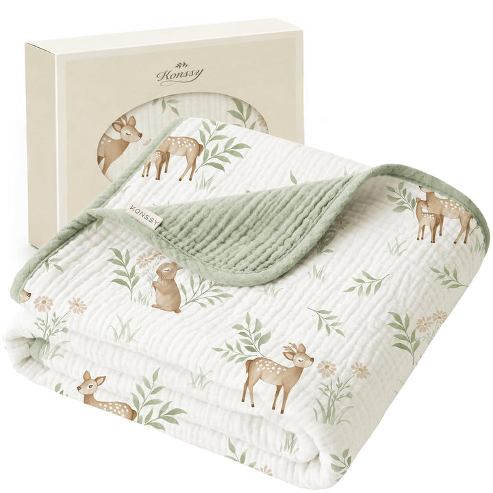 Konssy 100% Cotton Muslin Baby Blanket for Girls Boys, 40"x36" Soft & Lightweight, 4-Layer Muslin, for Receiving, Swaddling, Crib, Stroller & Nursery, Newborn to Toddler