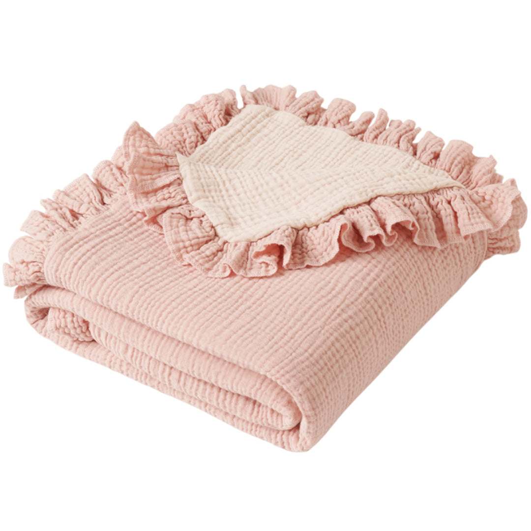 Konssy 100% Cotton Muslin Baby Blanket with Ruffle Trim for Girls, 43"x39" Reversible Design, Ultra Soft & Lightweight, for Swaddling, Crib, Stroller & Nursery Use, from Newborn to Toddler