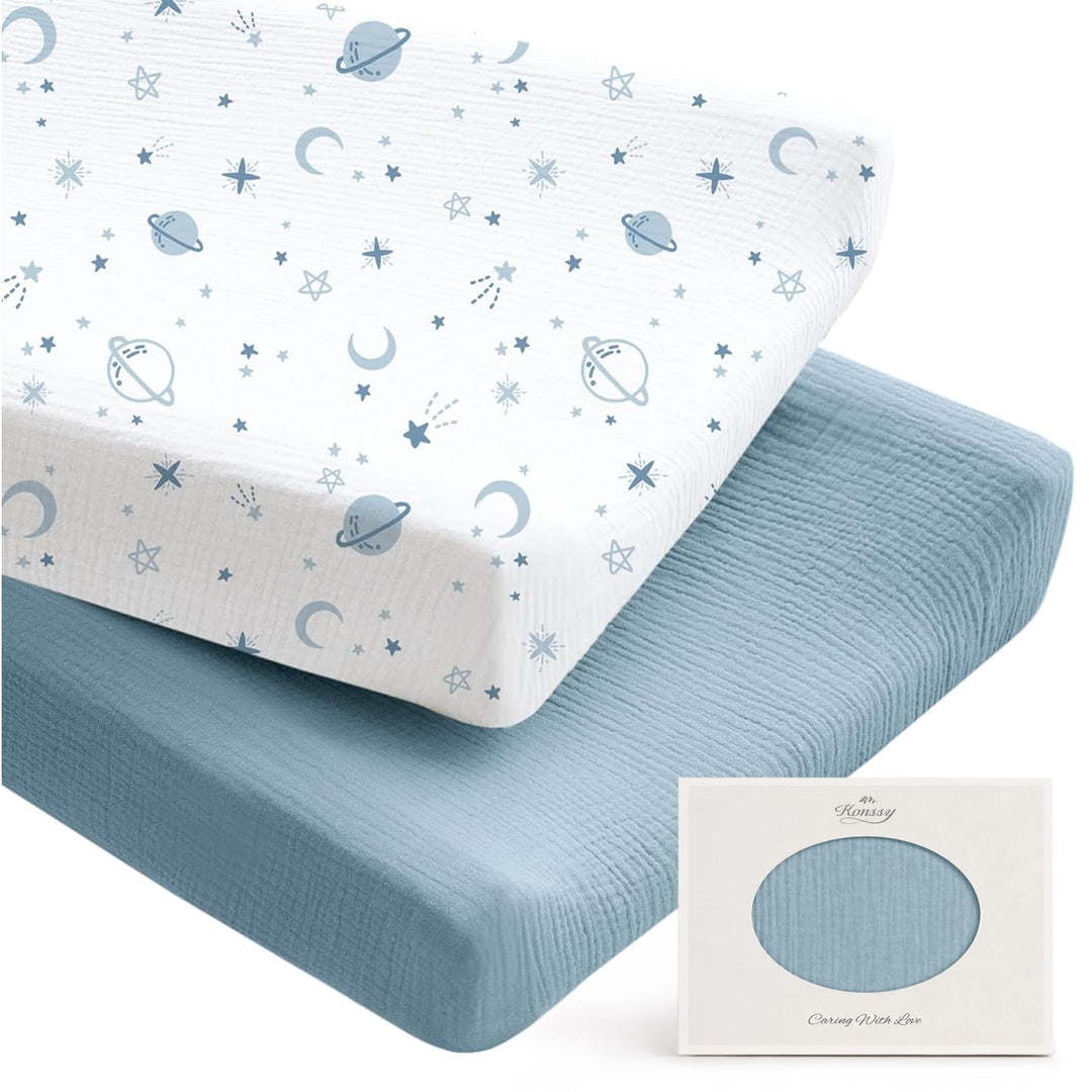 Konssy 100% Cotton Muslin Changing Pad Cover 2 Pack, 32"x16" Standard Fit Ultra Soft & Breathable, Diaper Changing Table Sheets, Neutral Nursery Design, for Baby Boys Girls