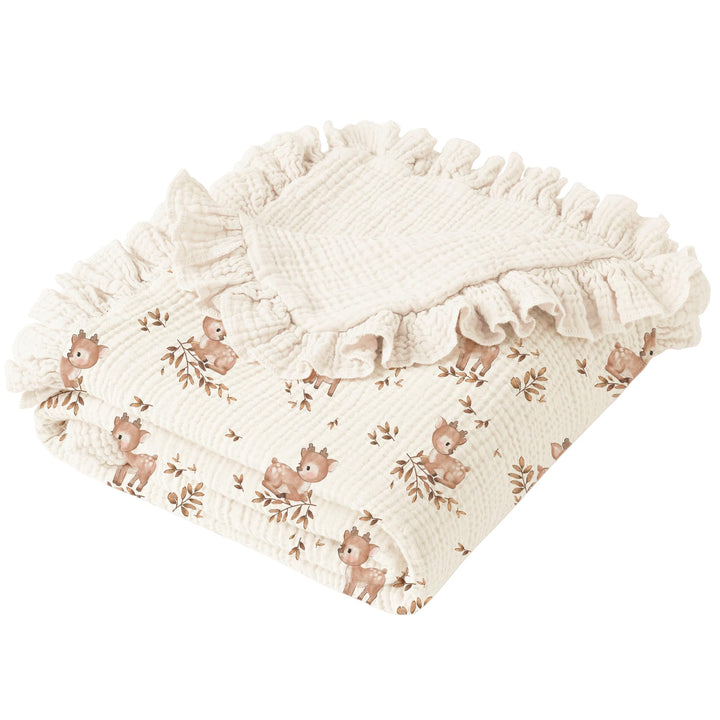 Konssy 100% Cotton Muslin Baby Blanket with Ruffle Trim for Girls, 43"x39" Reversible Design, Ultra Soft & Lightweight, for Swaddling, Crib, Stroller & Nursery Use, from Newborn to Toddler