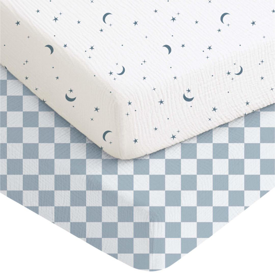 Konssy 2 Pack Muslin Crib Sheets for Baby Boys & Girls, 52" x 28" Fits Standard Crib Mattress, Premium 100% Cotton, Soft & Breathable, Neutral Design, 360° Full Elastic Fit
