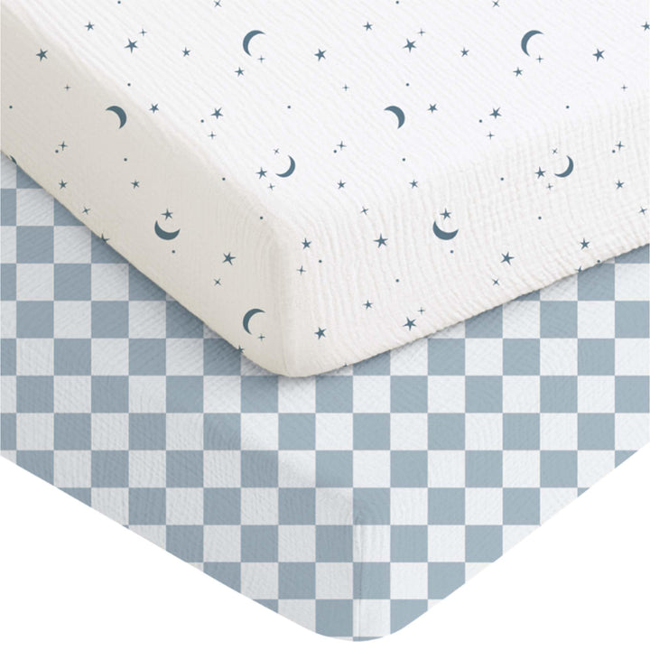 Konssy 2 Pack Muslin Crib Sheets for Baby Boys & Girls, 52" x 28" Fits Standard Crib Mattress, Premium 100% Cotton, Soft & Breathable, Neutral Design, 360° Full Elastic Fit