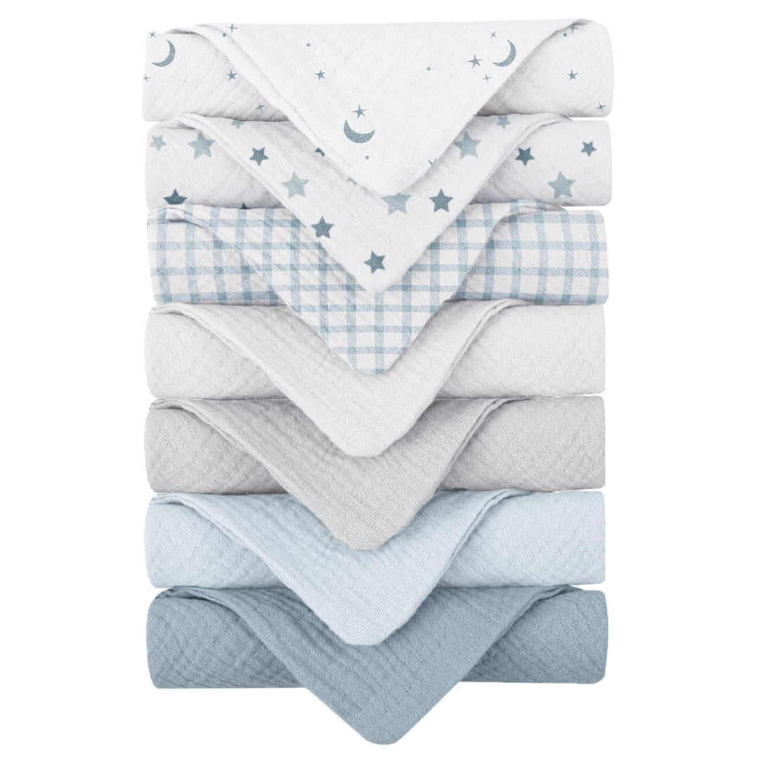 Konssy 7 Pack Muslin Baby Washcloths, Burp Cloths & Wash Cloths for Babies 11 x 11 In, 100% Cotton, Ultra-Soft & Absorbent, Machine Washable, Baby Bath Towels for Newborns, Girls & Boys