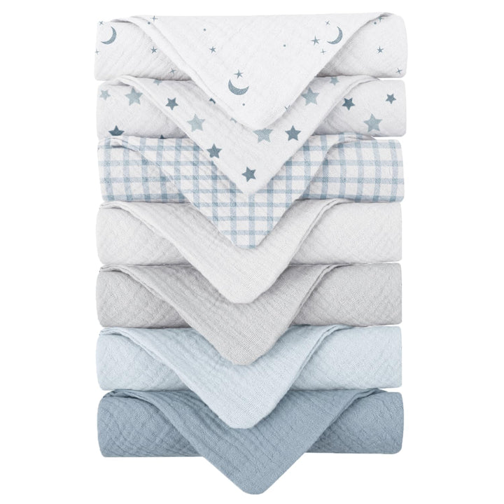 Konssy 7 Pack Muslin Baby Washcloths, Burp Cloths & Wash Cloths for Babies 11 x 11 In, 100% Cotton, Ultra-Soft & Absorbent, Machine Washable, Baby Bath Towels for Newborns, Girls & Boys