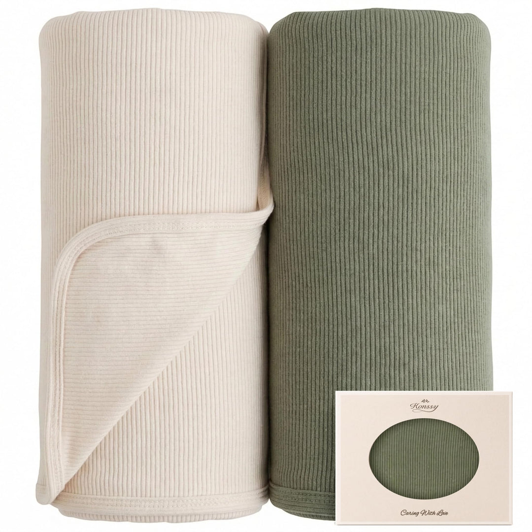 Konssy 2 Pack Ribbed Knit Swaddle Blankets for Baby Boys & Girls, 33"x42" Soft & Stretchy Knit, Lightweight & Cozy, for Swaddling, Receiving & Stroller, Newborn to Toddler