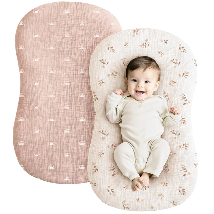 Konssy 2 Pack Muslin Baby Lounger Covers, Covers Only, 30.7" x 20" 100% Cotton, Soft & Breathable, Baby Nest Slipcover, Envelope Closure, Pre-Washed for Lasting Fit