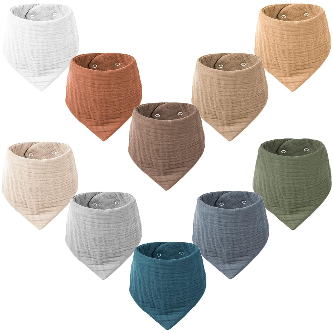 Konssy 10 Pack Baby Muslin Bandana Bibs for Drooling and Teething 100% Cotton, 6-Layer Bibs, Pre-Washed Soft & Absorbent, Adjustable Neck Fit, Boys & Girls 0-36M