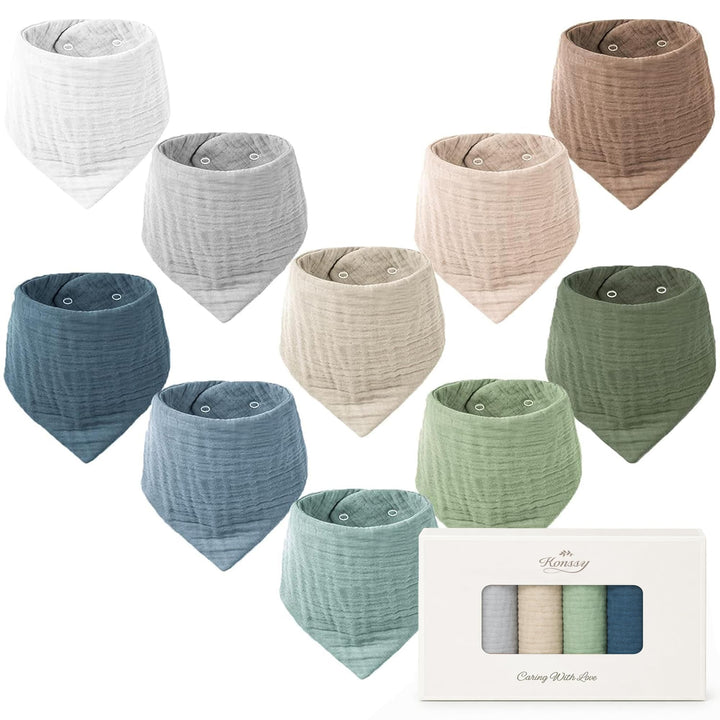 Konssy 10 Pack Baby Muslin Bandana Bibs for Drooling and Teething 100% Cotton, 6-Layer Bibs, Pre-Washed Soft & Absorbent, Adjustable Neck Fit, Boys & Girls 0-36M
