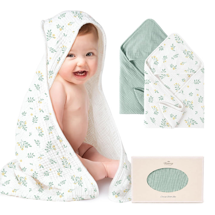 Konssy 2-Pack 100% Muslin Cotton Hooded Baby Bath Towels for Boys and Girls 32 x 32 In, Ultra-Soft & Absorbent, Bath Towels With Hooded for Infants Newborns Toddlers, Machine Washable