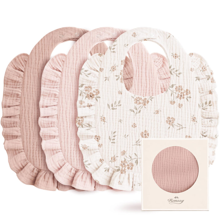 Konssy 3-Pack Muslin Baby Girl Bibs, 100% Cotton with Ruffle Trim Ultra Soft & Absorbent, Baby Essentials for Drooling and Teething, for Newborn, Infant & Toddler 0-36 Months