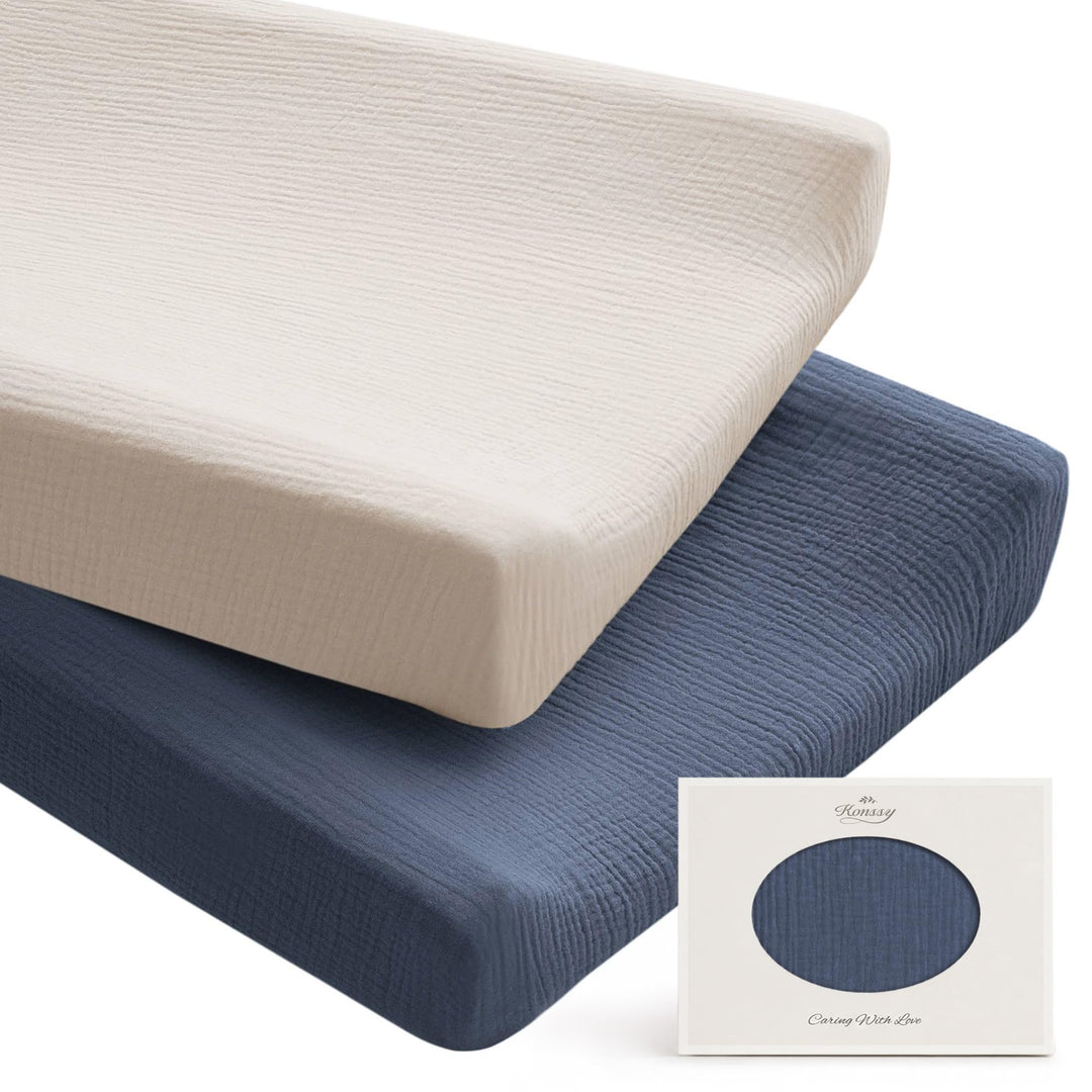 Konssy 100% Cotton Muslin Changing Pad Cover 2 Pack, 32"x16" Standard Fit Ultra Soft & Breathable, Diaper Changing Table Sheets, Neutral Nursery Design, for Baby Boys Girls