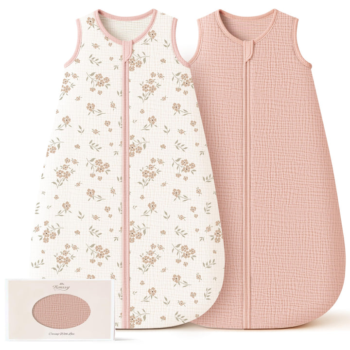Konssy Muslin Baby Sleep Sack 0-6 Months, 0.8 TOG Baby Wearable Blanket 2 Pack, Two-Way Zipper, 100% Cotton, Soft & Breathable Sleeping Sack, Infants and Toddlers Nursery Essentials