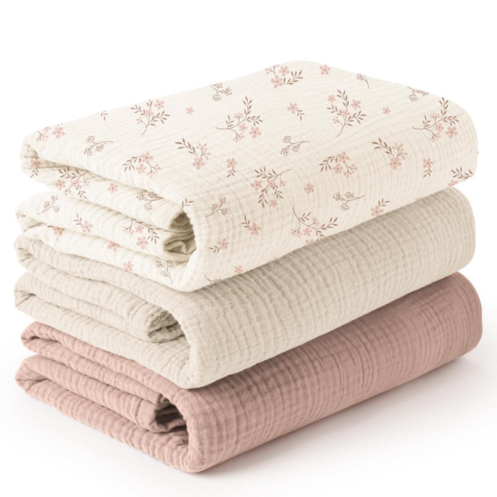 Konssy 3-Pack Muslin Baby Swaddle Blankets, 47 x 47 in Receiving Blankets Large Size, 100% Cotton, Ultra Soft & Breathable, Multi-Use Swaddles for Boys & Girls, from Newborn to Toddler
