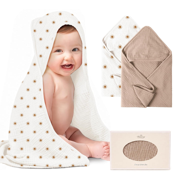 Konssy 2-Pack 100% Muslin Cotton Hooded Baby Bath Towels for Boys and Girls 32 x 32 In, Ultra-Soft & Absorbent, Bath Towels With Hooded for Infants Newborns Toddlers, Machine Washable