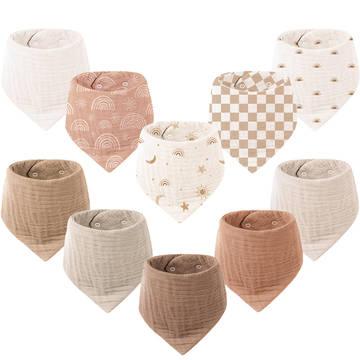 Konssy 10 Pack Baby Muslin Bandana Bibs for Drooling and Teething 100% Cotton, 6-Layer Bibs, Pre-Washed Soft & Absorbent, Adjustable Neck Fit, Boys & Girls 0-36M