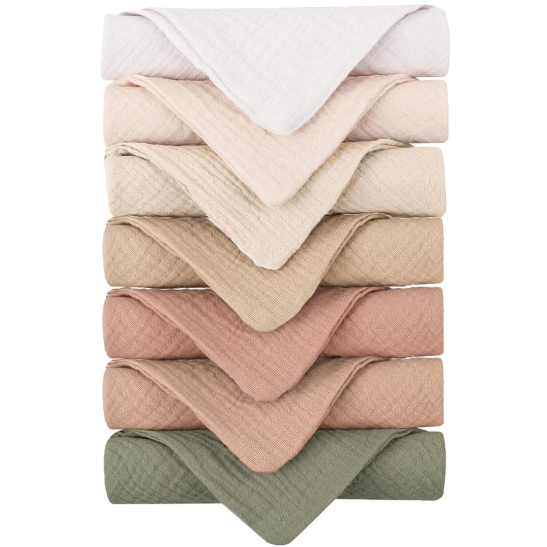 Konssy 7 Pack Muslin Baby Washcloths, Burp Cloths & Wash Cloths for Babies 11 x 11 In, 100% Cotton, Ultra-Soft & Absorbent, Machine Washable, Baby Bath Towels for Newborns, Girls & Boys