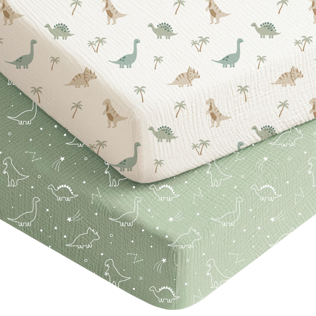 Konssy 2 Pack Muslin Crib Sheets for Baby Boys & Girls, 52" x 28" Fits Standard Crib Mattress, Premium 100% Cotton, Soft & Breathable, Neutral Design, 360° Full Elastic Fit