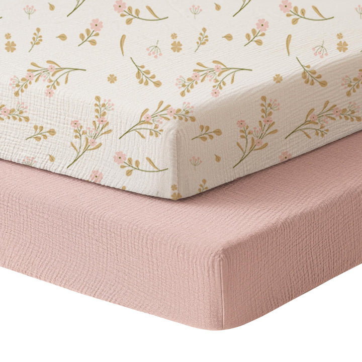 Konssy 2 Pack Muslin Mini Crib Sheets, Fits Pack and Play, 38"x24" 100% Cotton, Soft & Breathable, for Naps & Playtime, Floral & Solid Designs, Machine Washable