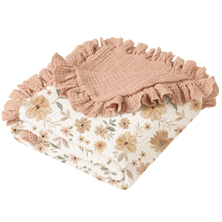 Konssy 100% Cotton Muslin Baby Blanket with Ruffle Trim for Girls, 43"x39" Reversible Design, Ultra Soft & Lightweight, for Swaddling, Crib, Stroller & Nursery Use, from Newborn to Toddler
