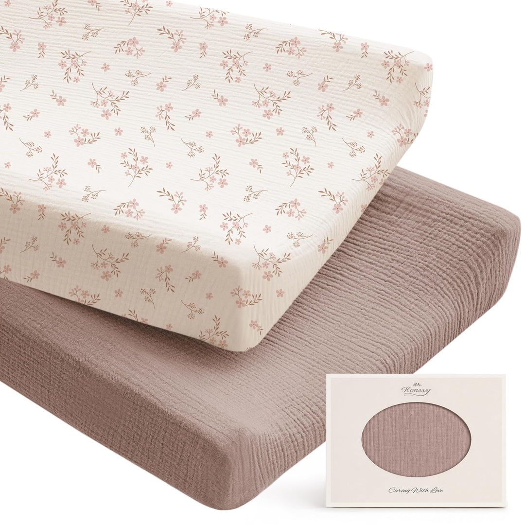 Konssy 100% Cotton Muslin Changing Pad Cover 2 Pack, 32"x16" Standard Fit Ultra Soft & Breathable, Diaper Changing Table Sheets, Neutral Nursery Design, for Baby Boys Girls