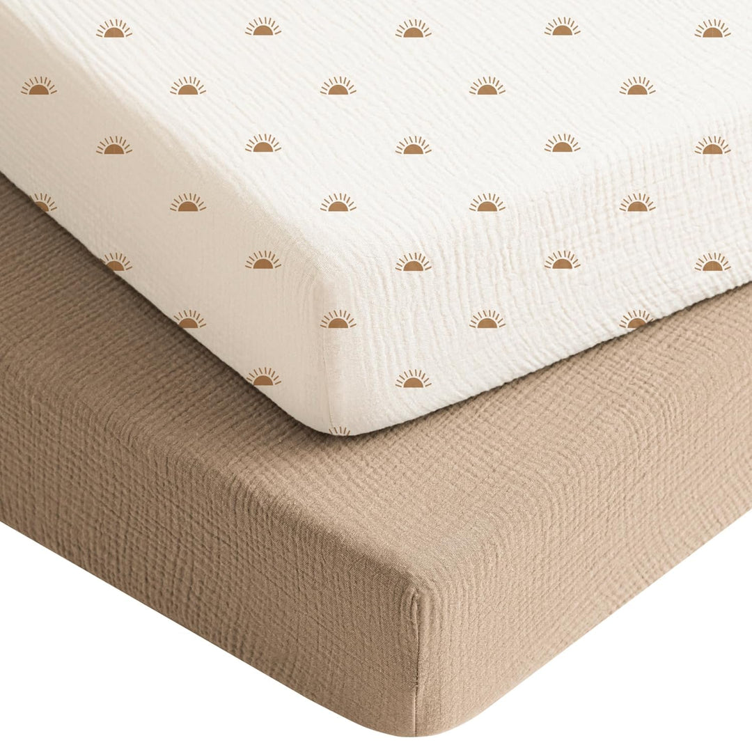 Konssy 2 Pack Muslin Crib Sheets for Baby Boys & Girls, 52" x 28" Fits Standard Crib Mattress, Premium 100% Cotton, Soft & Breathable, Neutral Design, 360° Full Elastic Fit