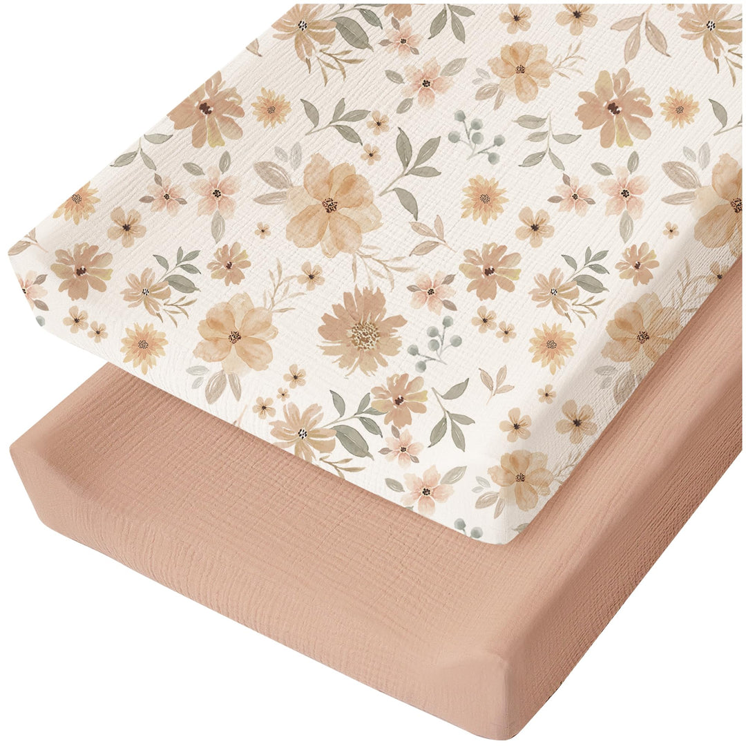 Konssy 2 Pack Muslin Changing Pad Covers for Baby Girls Boys, 32"x16" 100% Cotton, Soft & Breathable, Fitted Diaper Changing Table Sheets, Full Elastic Fit, Floral & Solid Designs