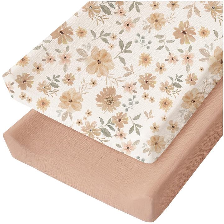 Konssy 2 Pack Muslin Changing Pad Covers for Baby Girls Boys, 32"x16" 100% Cotton, Soft & Breathable, Fitted Diaper Changing Table Sheets, Full Elastic Fit, Floral & Solid Designs