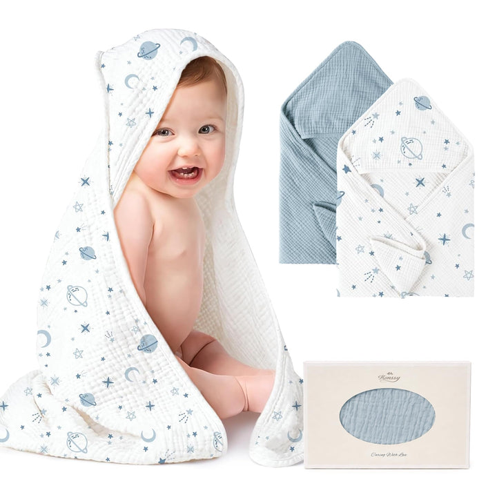 Konssy 2-Pack 100% Muslin Cotton Hooded Baby Bath Towels for Boys and Girls 32 x 32 In, Ultra-Soft & Absorbent, Bath Towels With Hooded for Infants Newborns Toddlers, Machine Washable