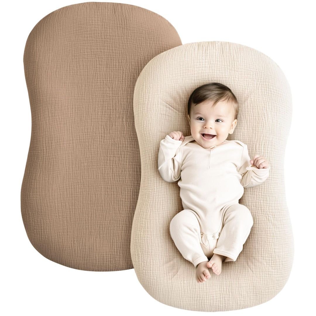 Konssy 2 Pack Muslin Baby Lounger Covers, Covers Only, 30.7" x 20" 100% Cotton, Soft & Breathable, Baby Nest Slipcover, Envelope Closure, Pre-Washed for Lasting Fit