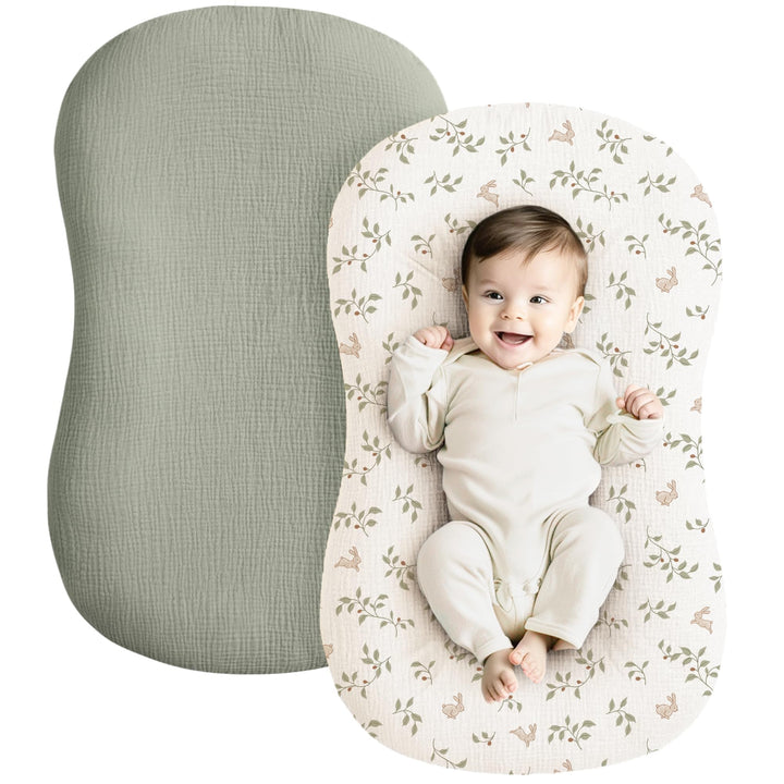 Konssy 2 Pack Muslin Baby Lounger Covers, Covers Only, 30.7" x 20" 100% Cotton, Soft & Breathable, Baby Nest Slipcover, Envelope Closure, Pre-Washed for Lasting Fit